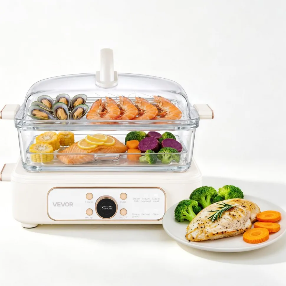 VEVOR Electric Food Steamer 6.3 QT Glass with 2-Tier Stainless Steel Trays, 1200W Vegetable Steamer for Cooking, 1-3 Servings, Pre-Programmed Settings, Delay Start, for Veggies, Seafood & Rice, White
