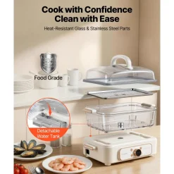 VEVOR Electric Food Steamer 6.3 QT Glass with 2-Tier Stainless Steel Trays, 1200W Vegetable Steamer for Cooking, 1-3 Servings, Pre-Programmed Settings, Delay Start, for Veggies, Seafood & Rice, White