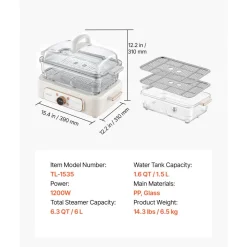 VEVOR Electric Food Steamer 6.3 QT Glass with 2-Tier Stainless Steel Trays, 1200W Vegetable Steamer for Cooking, 1-3 Servings, Pre-Programmed Settings, Delay Start, for Veggies, Seafood & Rice, White