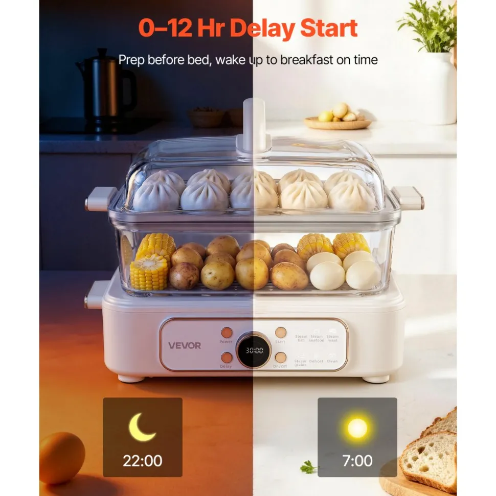 VEVOR Electric Food Steamer 6.3 QT Glass with 2-Tier Stainless Steel Trays, 1200W Vegetable Steamer for Cooking, 1-3 Servings, Pre-Programmed Settings, Delay Start, for Veggies, Seafood & Rice, White