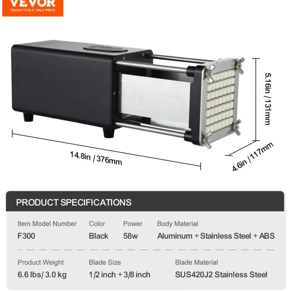 VEVOR Electric French Fry Cutter, Potato Slicer with 1/2-Inch and 3/8-Inch Stainless Steel Blades, Potato Cutter Chopper w/ Anti-slip Feet, Great for Potato, French Fries, Cucumber, Vegetables, Carrot