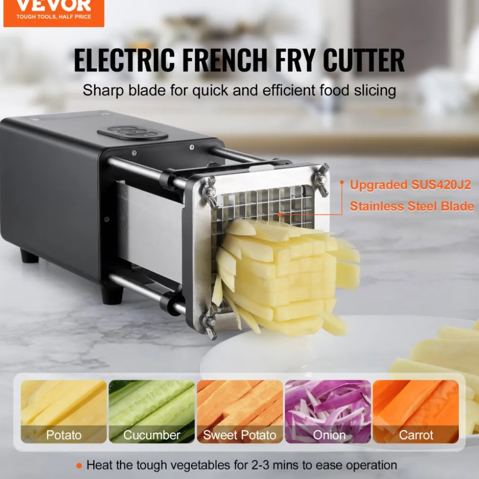 VEVOR Electric French Fry Cutter, Potato Slicer with 1/2-Inch and 3/8-Inch Stainless Steel Blades, Potato Cutter Chopper w/ Anti-slip Feet, Great for Potato, French Fries, Cucumber, Vegetables, Carrot