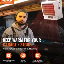 VEVOR Electric Garage Heater, 5000-Watt (2500/5000W) Ceiling Mounted Shop Heater, 2 Settings & Overheat Protection & Low Noise Cross-flow, Commercial for Indoor Workshop Warehouse,240V White