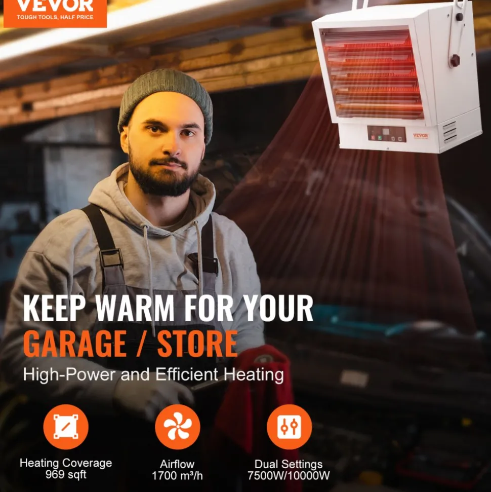 VEVOR Electric Garage Heater, 5000-Watt (2500/5000W) Ceiling Mounted Shop Heater, 2 Settings & Overheat Protection & Low Noise Cross-flow, Commercial for Indoor Workshop Warehouse,240V White