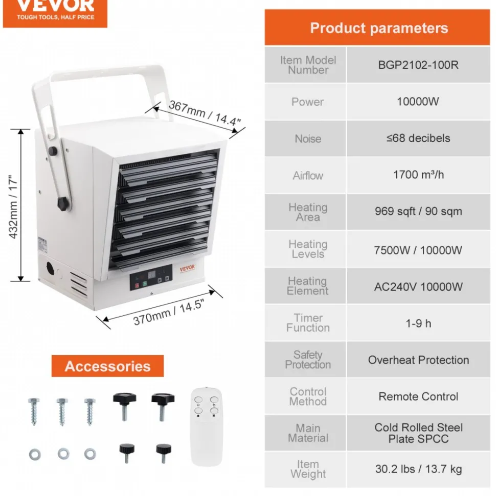 VEVOR Electric Garage Heater, 5000-Watt (2500/5000W) Ceiling Mounted Shop Heater, 2 Settings & Overheat Protection & Low Noise Cross-flow, Commercial for Indoor Workshop Warehouse,240V White