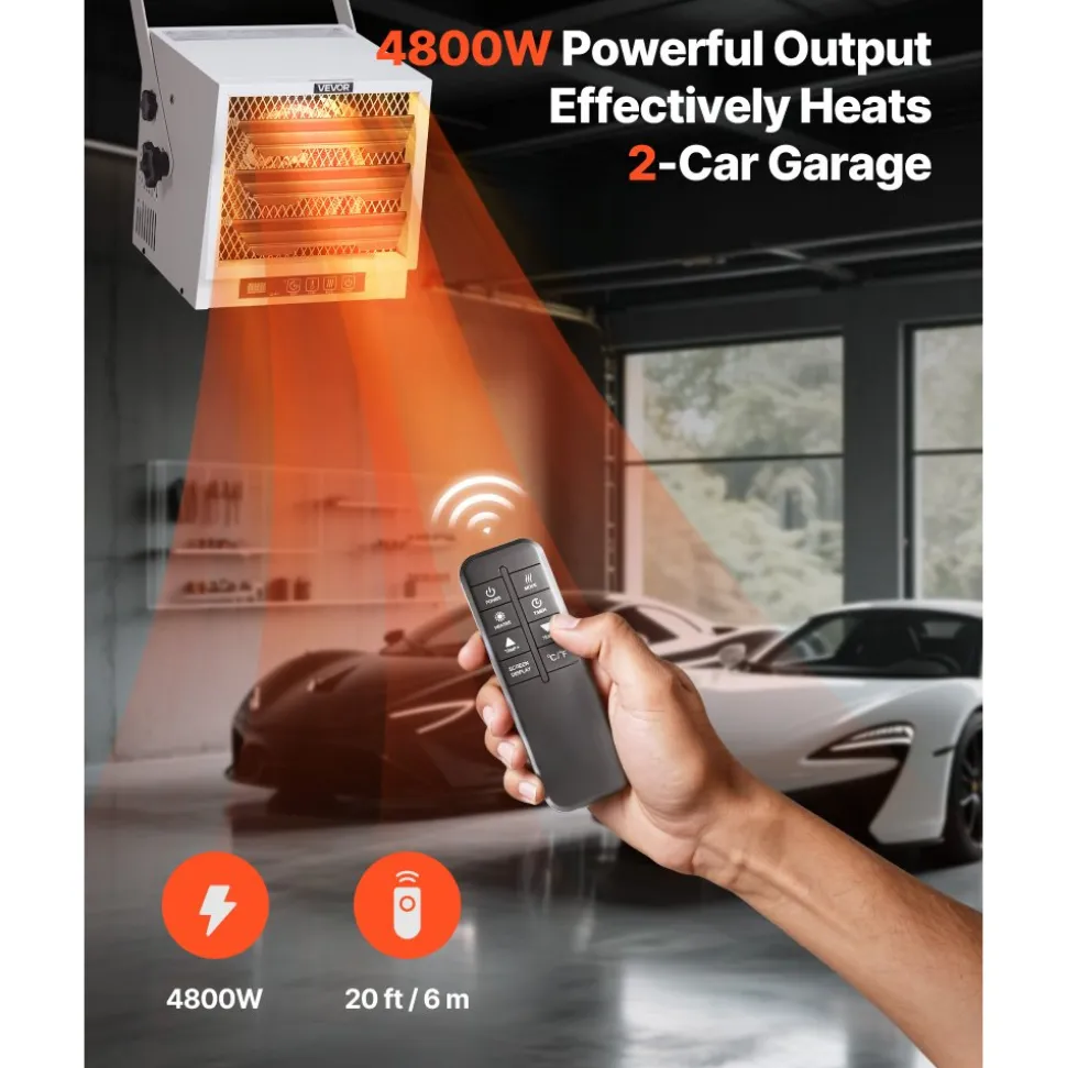 VEVOR Electric Garage Heater, 4800-Watt with Remote Control & 10 Hour Timer & Overheat Protection Wall/Ceiling Mounted Shop Heater, Commercial Fan-forced for Indoor Workshop Warehouse,240V White