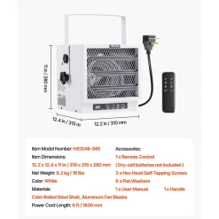 VEVOR Electric Garage Heater, 4800-Watt with Remote Control & 10 Hour Timer & Overheat Protection Wall/Ceiling Mounted Shop Heater, Commercial Fan-forced for Indoor Workshop Warehouse,240V White
