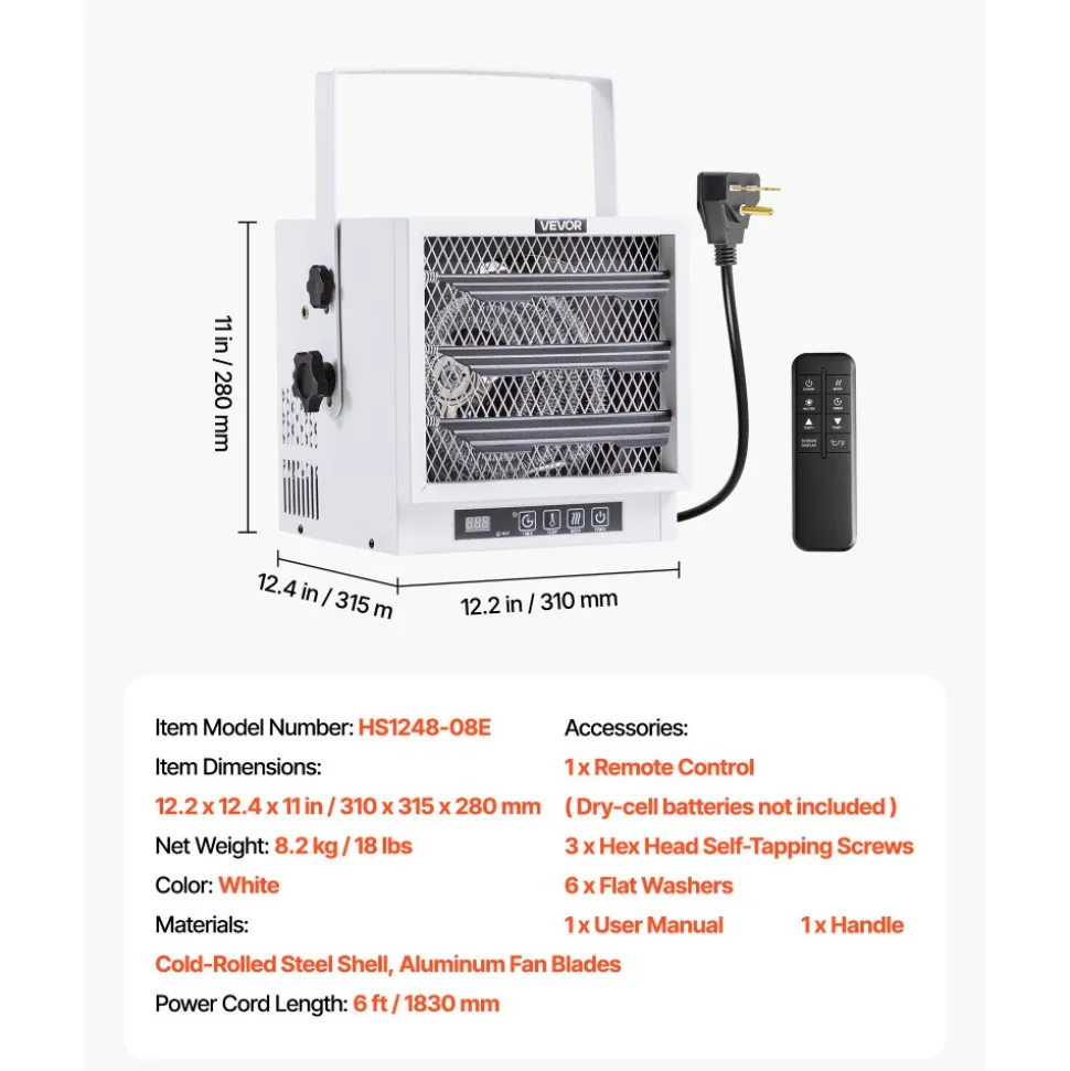 VEVOR Electric Garage Heater, 4800-Watt with Remote Control & 10 Hour Timer & Overheat Protection Wall/Ceiling Mounted Shop Heater, Commercial Fan-forced for Indoor Workshop Warehouse,240V White