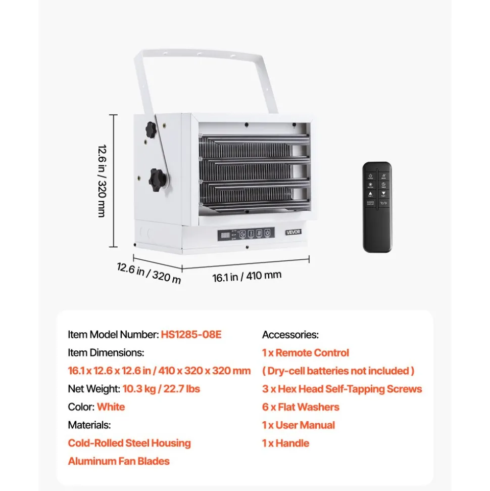 VEVOR Electric Garage Heater, 8500-Watt with Remote Control & 10 Hour Timer & Overheat Protection Wall/Ceiling Mounted Shop Heater, Commercial Fan-forced for Indoor Workshop Warehouse,240V White