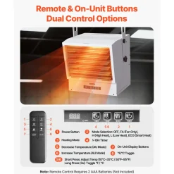 VEVOR Electric Garage Heater, 15000-Watt with Remote Control & 10 Hour Timer & Overheat Protection Wall/Ceiling Mounted Shop Heater, Commercial Fan-forced for Indoor Workshop  Warehouse,240V White