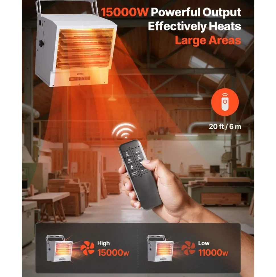 VEVOR Electric Garage Heater, 15000-Watt with Remote Control & 10 Hour Timer & Overheat Protection Wall/Ceiling Mounted Shop Heater, Commercial Fan-forced for Indoor Workshop Warehouse,240V White