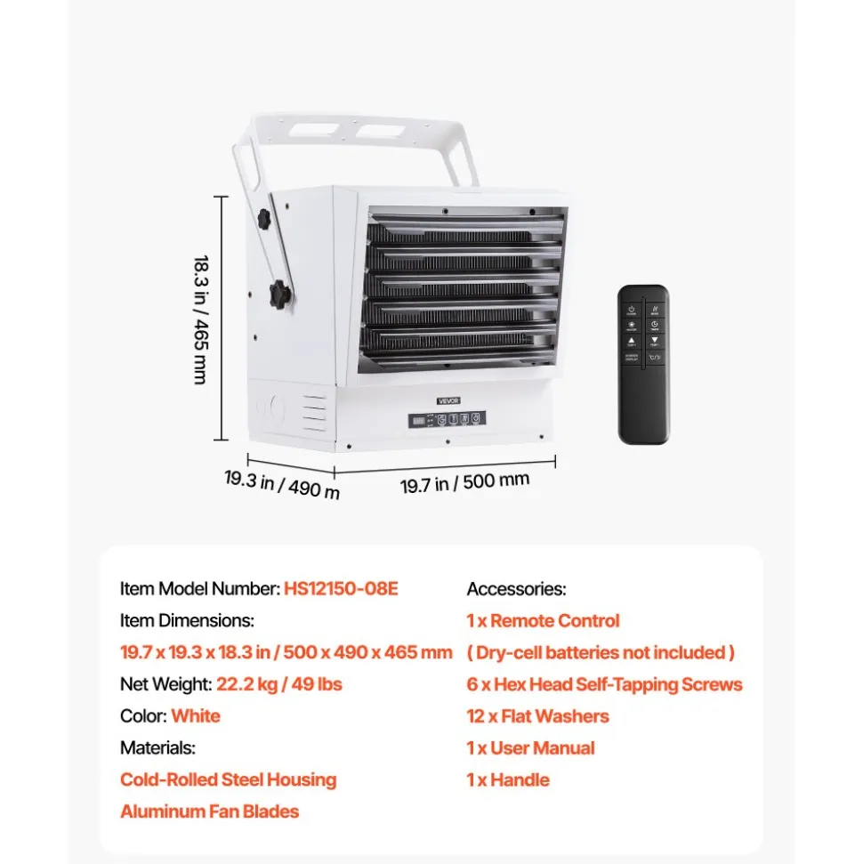 VEVOR Electric Garage Heater, 15000-Watt with Remote Control & 10 Hour Timer & Overheat Protection Wall/Ceiling Mounted Shop Heater, Commercial Fan-forced for Indoor Workshop Warehouse,240V White