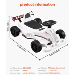 VEVOR Electric Go Kart, 6V 4.5Ah Battery, Pedal Go Kart Portable Outdoor Race Toy for Kids Ages 2+, 20000 RPM Motor, 2 MPH Constant Speed, LED Headlight & Horn, Non-slip Tires, 44 lbs Max Load, White