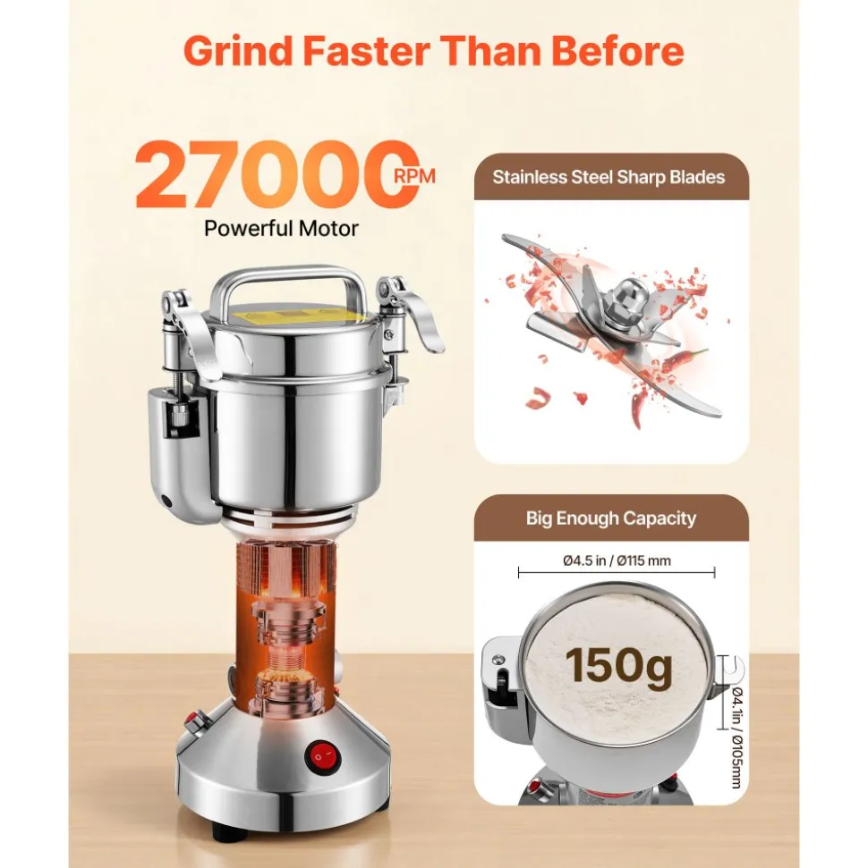 VEVOR Electric Grain Mill Grinder, 0.3 lbs Commercial Spice Grinders, High Speed 850W Stainless Steel Pulverizer Powder Machine, for Dry Grains, Spices, Cereals, Coffee, Corn & Pepper, Straight Type