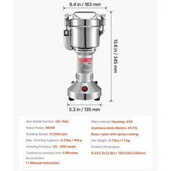 VEVOR Electric Grain Mill Grinder, 0.3 lbs Commercial Spice Grinders, High Speed 850W Stainless Steel Pulverizer Powder Machine, for Dry Grains, Spices, Cereals, Coffee, Corn & Pepper, Straight Type