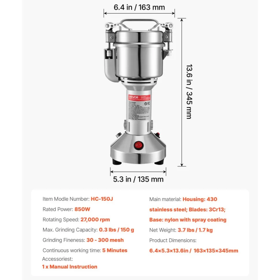 VEVOR Electric Grain Mill Grinder, 0.3 lbs Commercial Spice Grinders, High Speed 850W Stainless Steel Pulverizer Powder Machine, for Dry Grains, Spices, Cereals, Coffee, Corn & Pepper, Straight Type