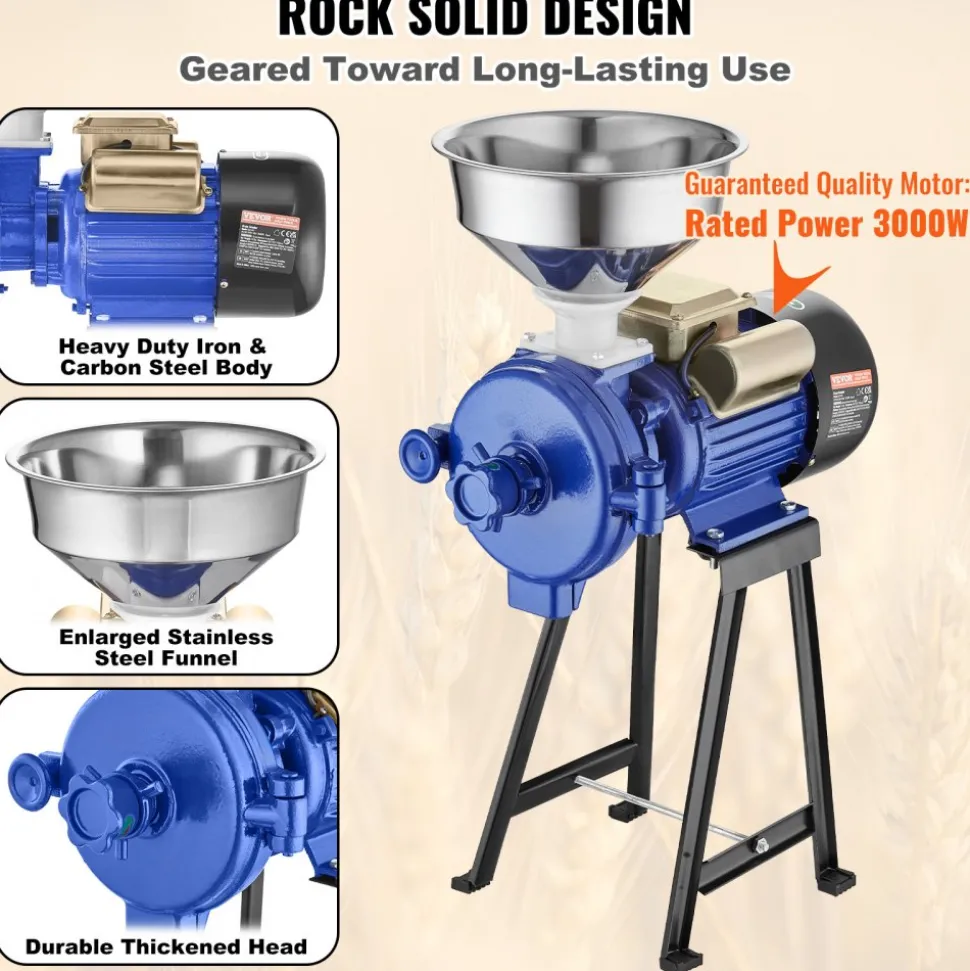 VEVOR Electric Grain Mill Grinder, 3000W Spice Grinders, Commercial Corn Mill with Funnel, Thickness Adjustable Powder Machine, Heavy Duty Feed Flour Cereal Mill Wheat Grinders, Dry Grinder