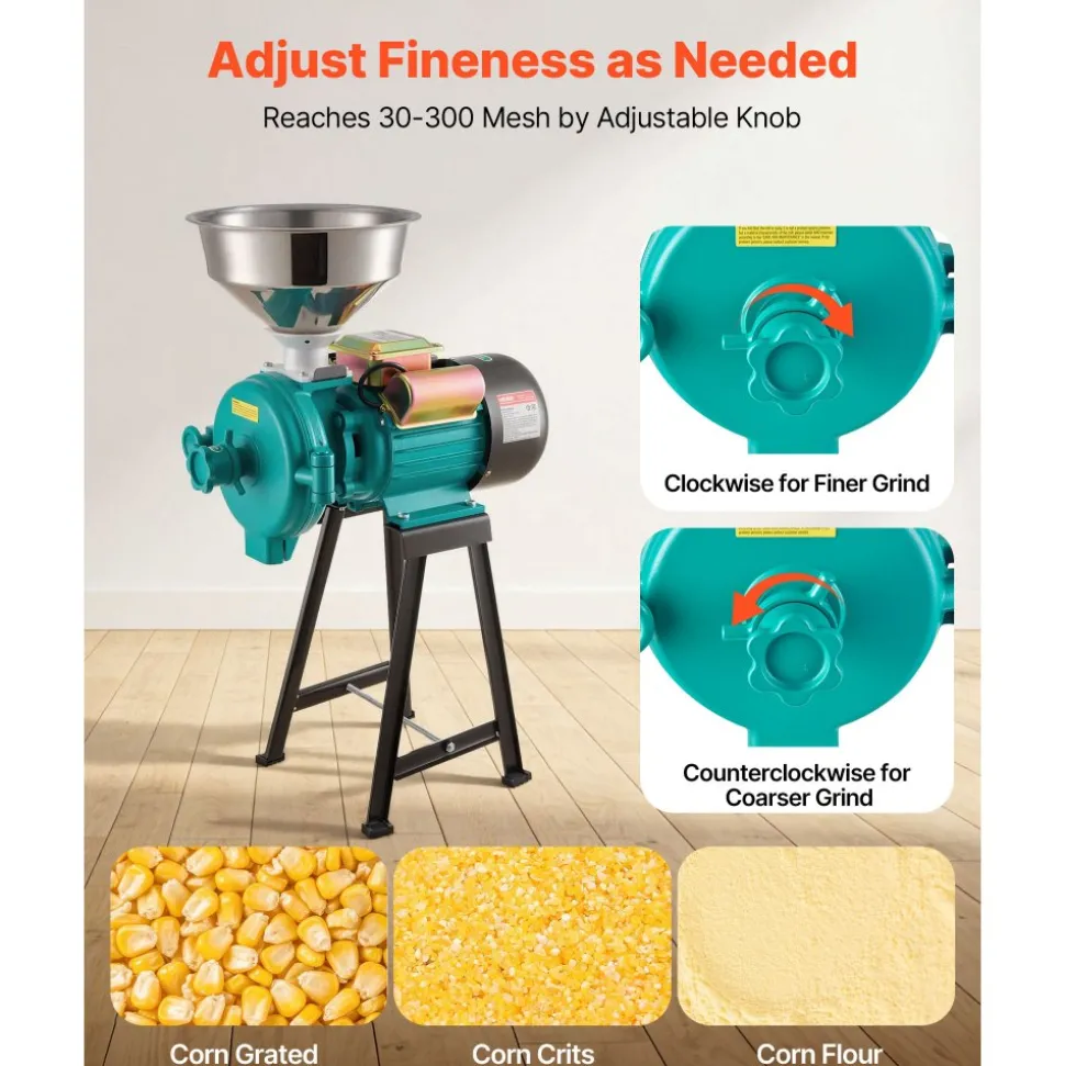 VEVOR Electric Grain Mill Grinder, 110 lbs/H Commercial Spice Grinders, 1500W Cast Iron Pulverizer Powder Machine with Non-Slip Rubber Feet, for Dry Grains, Spices, Cereals, Coffee, Corn & Pepper