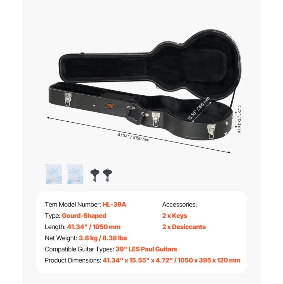 VEVOR Electric Guitar Hard Case, 41.34 in Gourd-Shaped Guitar Hard Case, With Lock Latch Keys Handle, PVC Padding Soft Lining Water-Resistant Hard Shell Guitar Case, for 39 in LES Paul Guitars, Black
