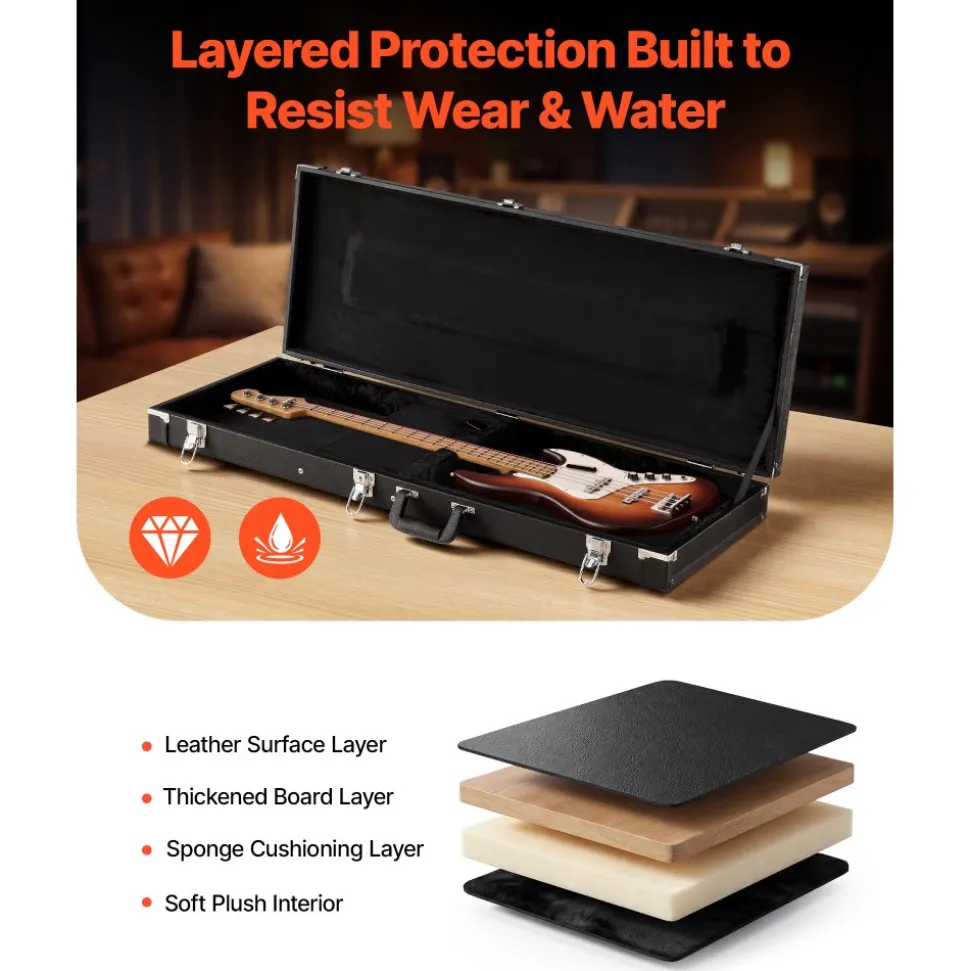VEVOR Electric Guitar Hard Case, 41.3 Inch, Rectangle Wooden Hard-Shell Protective Carrying Case, with Lock Latch, Padding, Accessory Compartment, Key, for 39 Inch Tele/ST Electric Guitars, Black