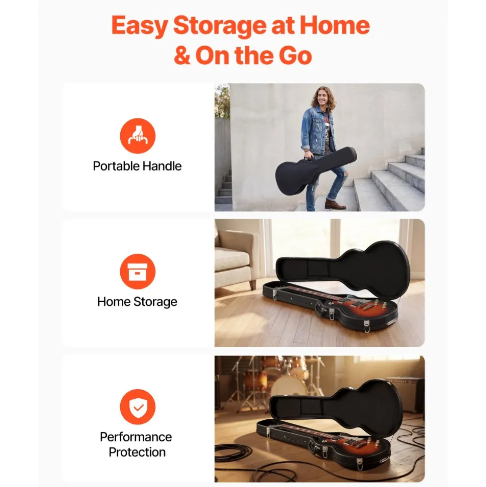 VEVOR Electric Guitar Hard Case, 42.2 Inch, Wooden Hard-Shell Protective Carrying Case with Lock Latch, Sponge Lining, Keys, Accessory Compartment, Water-Resistant, for 39 Inch Les Paul Guitars, Black