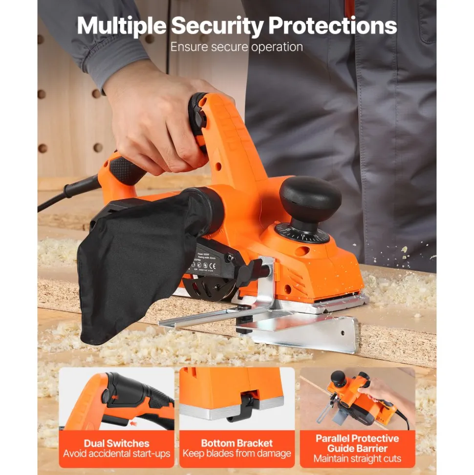 VEVOR Electric Hand Planer, 3-1/4-Inch Cut Width, 7-Amp 14500 RPM Corded Power Handheld Planer for Wood, with Adjustable Cut Depth, 2 Blades, for Woodworking Wood Chamfer DIY Smooth Finish Carpentry