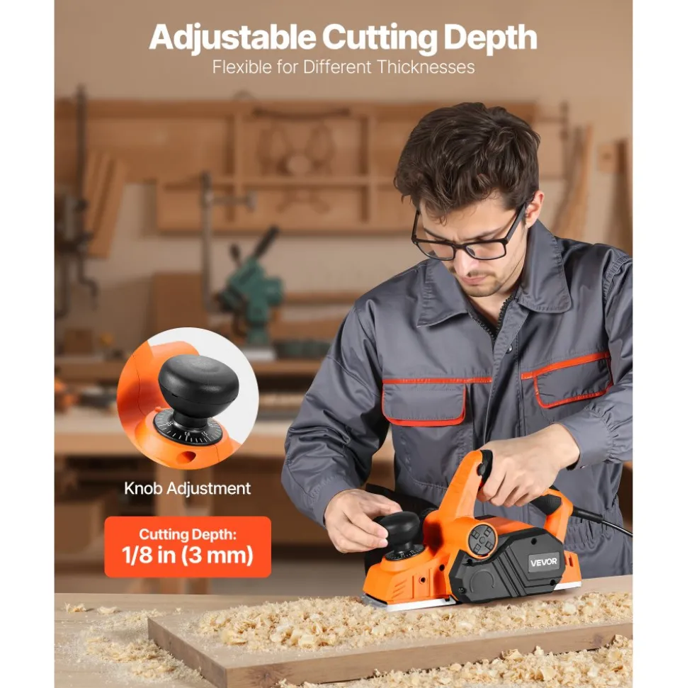VEVOR Electric Hand Planer, 3-1/4-Inch Cut Width, 7-Amp 14500 RPM Corded Power Handheld Planer for Wood, with Adjustable Cut Depth, 2 Blades, for Woodworking Wood Chamfer DIY Smooth Finish Carpentry