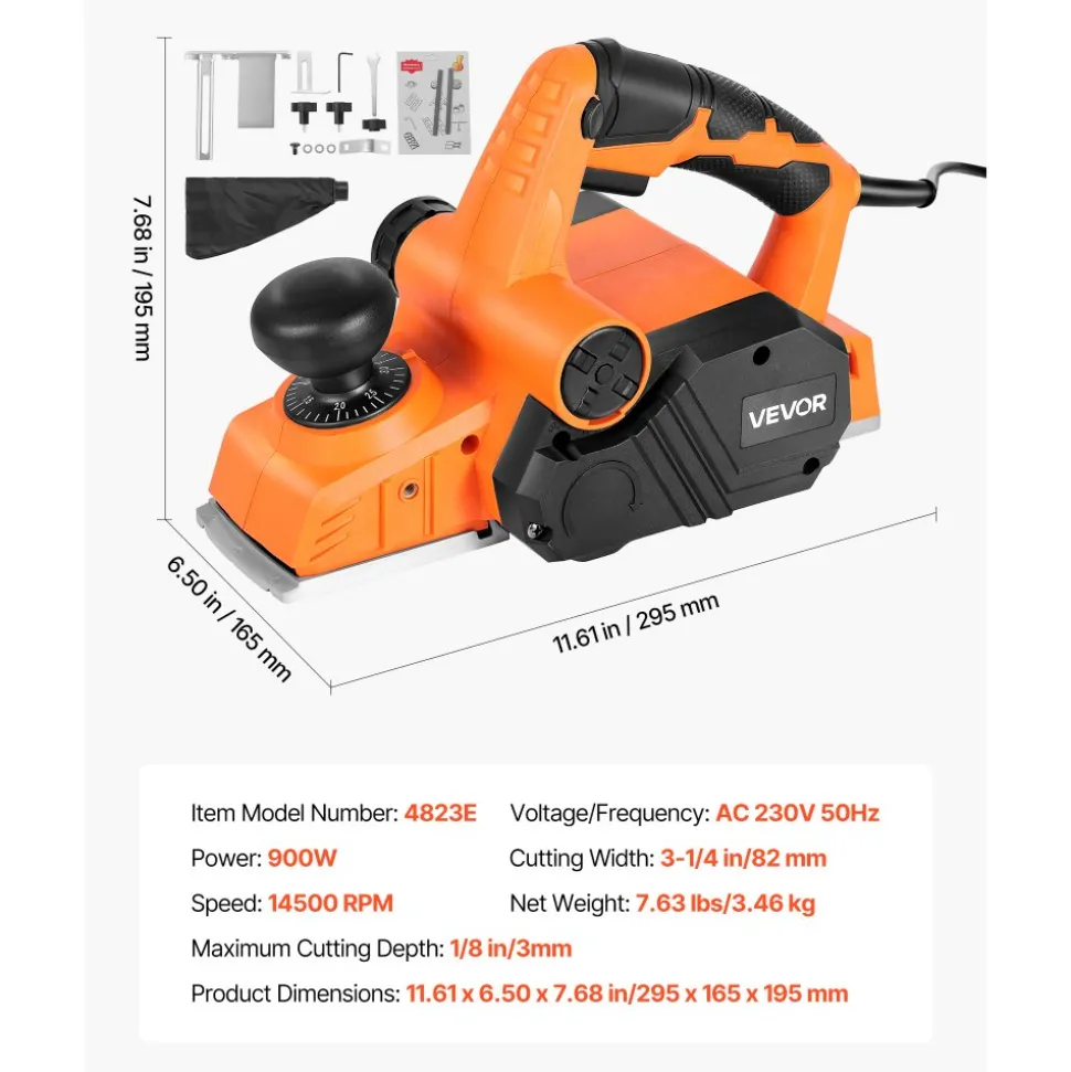 VEVOR Electric Hand Planer, 3-1/4-Inch Cut Width, 7-Amp 14500 RPM Corded Power Handheld Planer for Wood, with Adjustable Cut Depth, 2 Blades, for Woodworking Wood Chamfer DIY Smooth Finish Carpentry