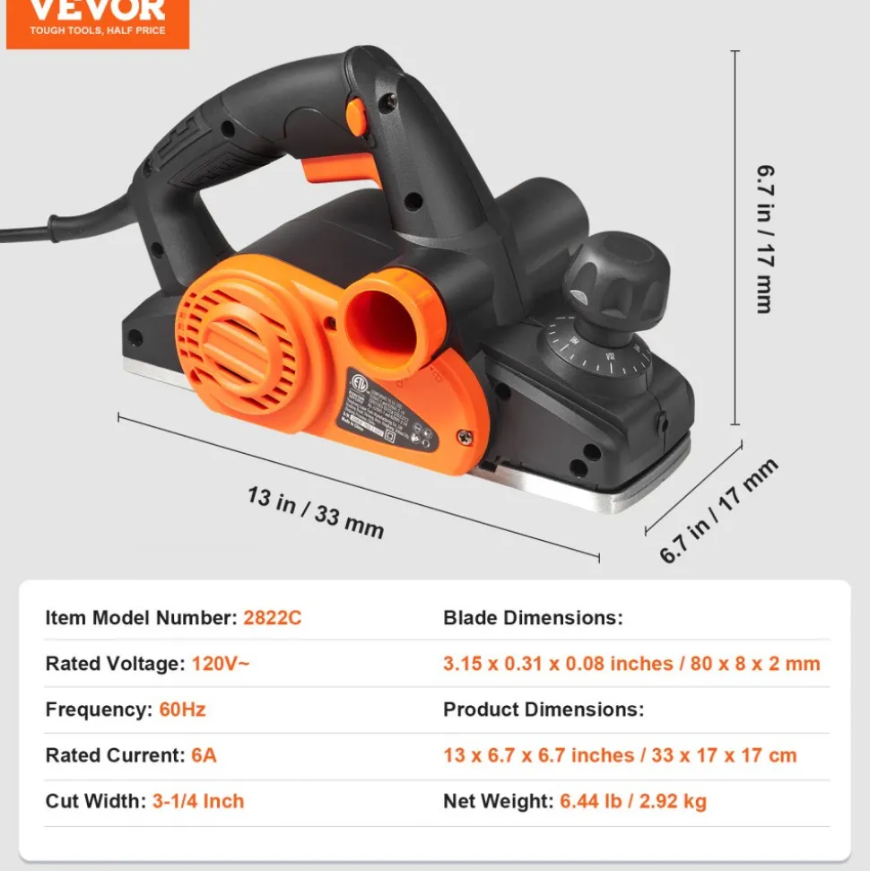 VEVOR Electric Hand Planer, 3-1/4" width Corded Electric Hand Planer, 16500 RPM High-Speed Powerful Electric Handheld Planers for Woodworking, Wood Chamfer DIY, Smooth Finish Carpentry Tool, FCC-SDoC
