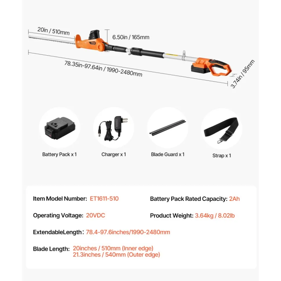 VEVOR Electric Hedge Trimmer, 1200 RPM, 6.2 - 7.8 Ft Extendable, Pole Hedge Trimmer for High Branch, 20V Battery, Cordless Hedge Trimmer with 20 in Blade, 5 Angles Adjustable for Yard Garden
