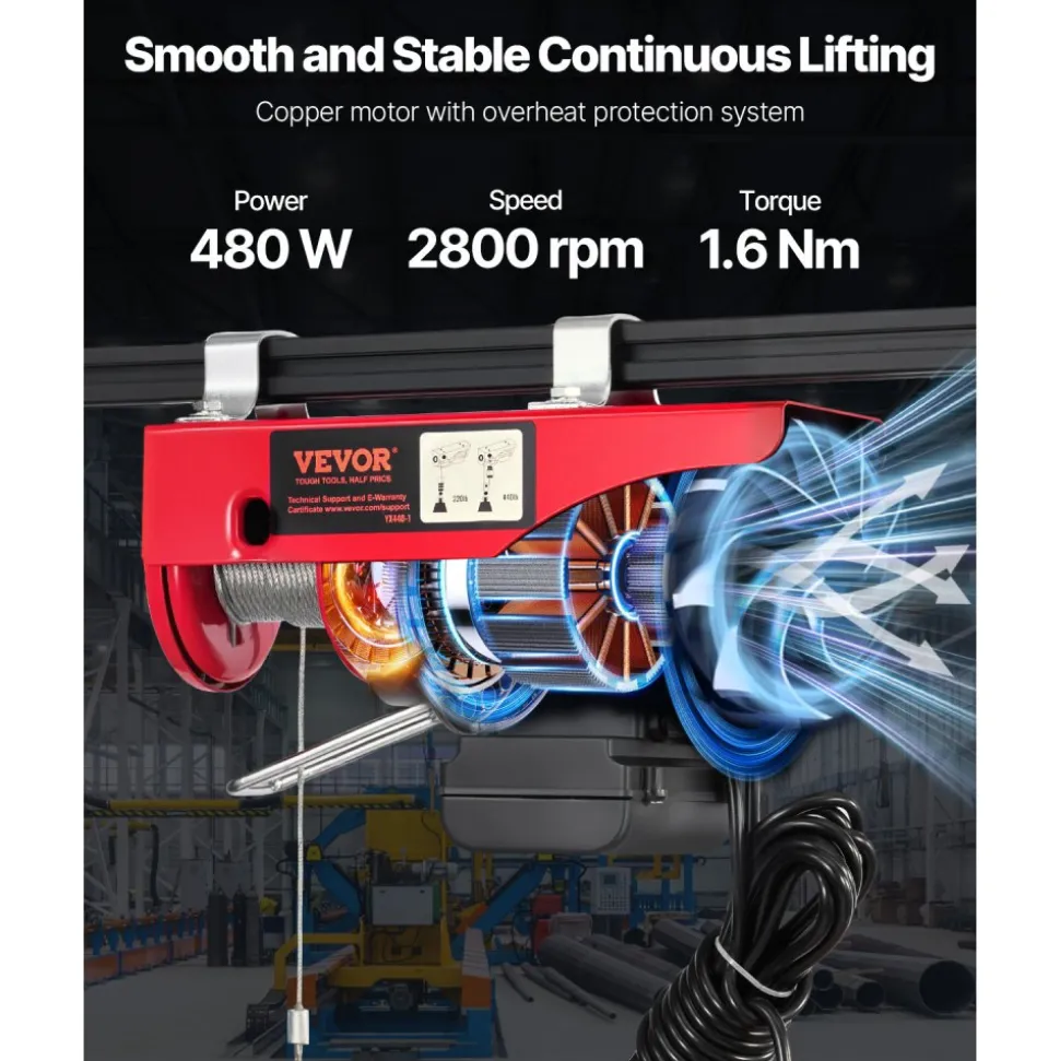 VEVOR Electric Hoist, 440lbs Garage Hoist with 14ft Wired Control, 110 volt Electric Hoist Winch 40ft Single Cable Lifting Height, Pure Copper Motor and Emergency Stop Switch
