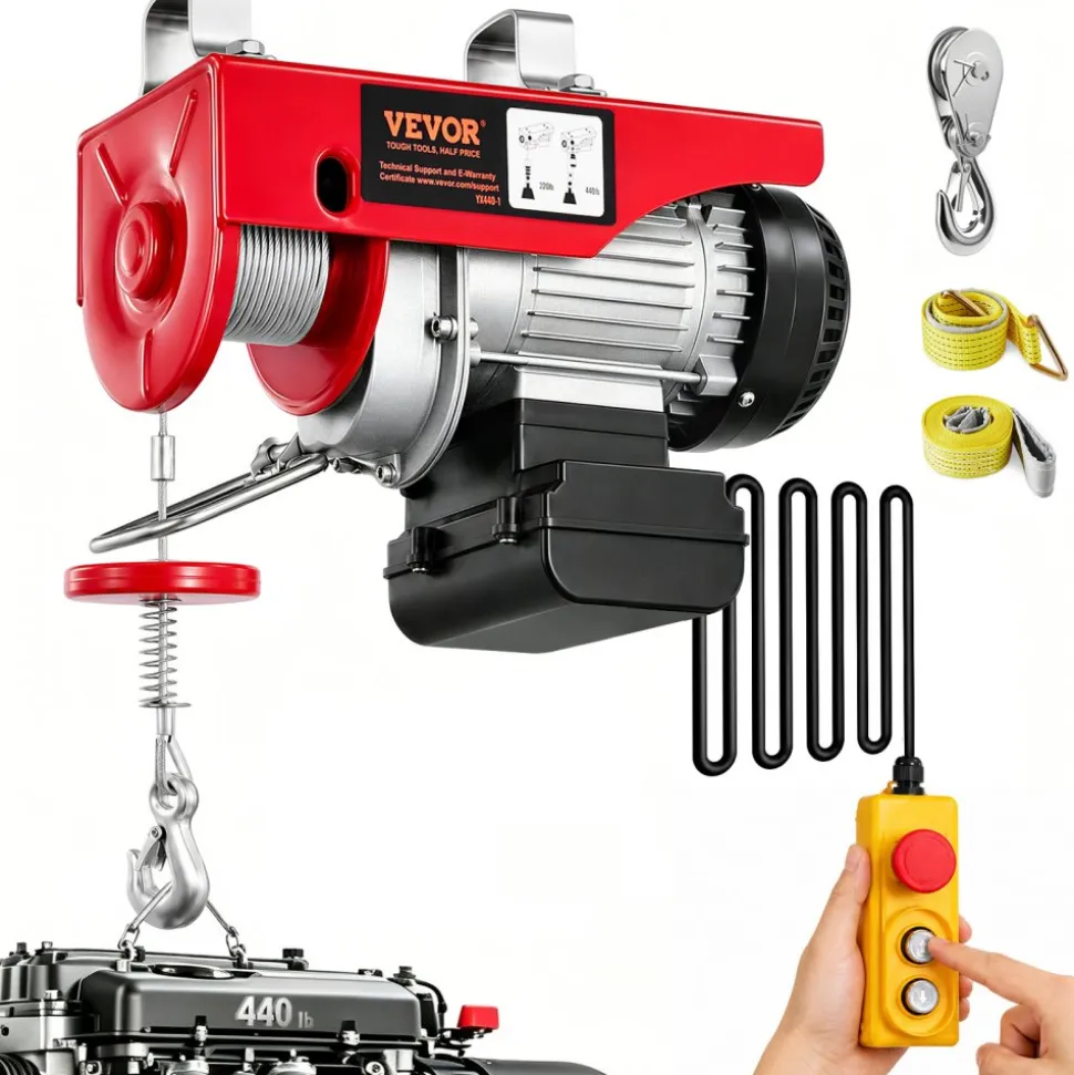 VEVOR Electric Hoist, 440lbs Garage Hoist with 14ft Wired Control, 110 volt Electric Hoist Winch 40ft Single Cable Lifting Height, Pure Copper Motor and Emergency Stop Switch