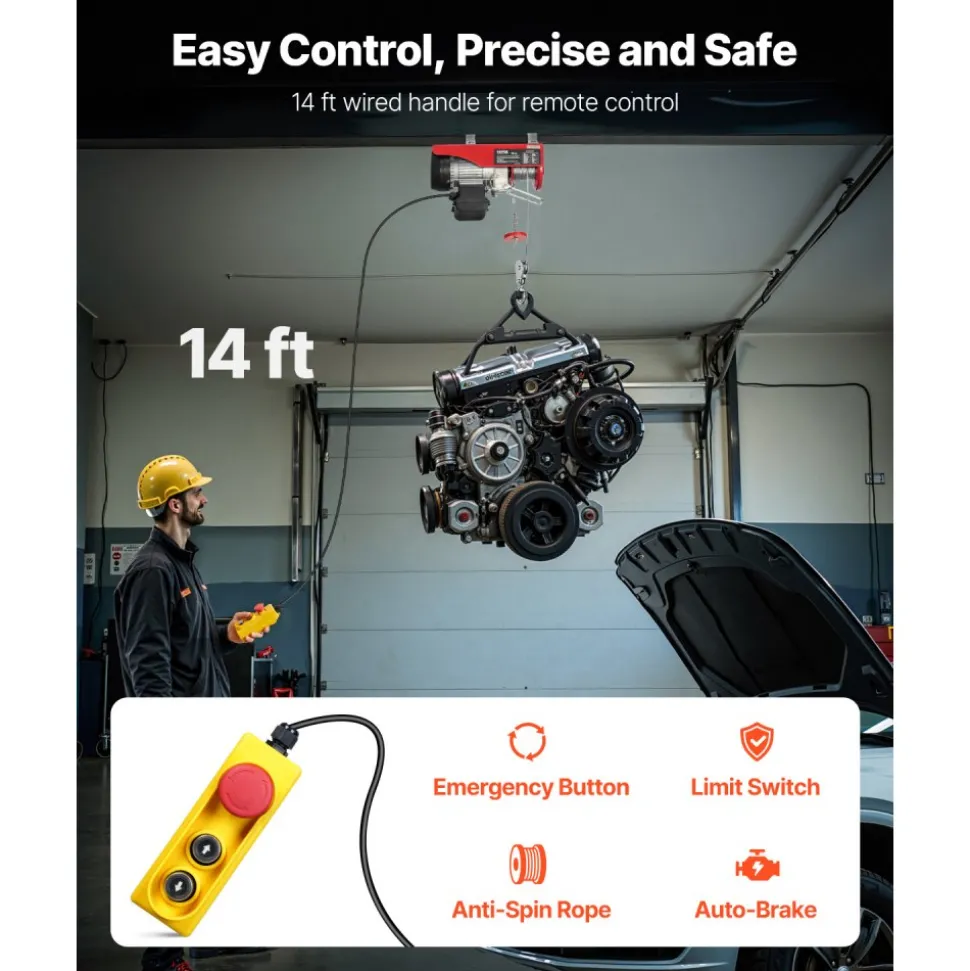 VEVOR Electric Hoist, 440lbs Garage Hoist with 14ft Wired Control, 110 volt Electric Hoist Winch 40ft Single Cable Lifting Height, Pure Copper Motor and Emergency Stop Switch