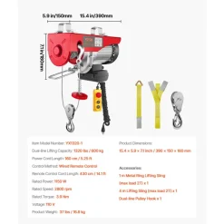 VEVOR Electric Hoist, 1320 lbs Lifting Capacity, 1150W 110V Electric Steel Wire Winch with 14ft Wired Remote Control, 40ft Single Cable Lifting Height & Pure Copper Motor, for Garage Warehouse Factory
