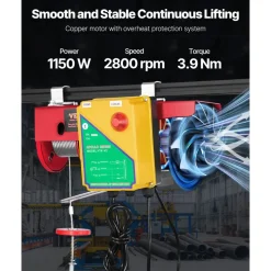 VEVOR Electric Hoist, 1320 lbs Lifting Capacity, 1150W 110V Electric Steel Wire Winch with Wireless Remote Control, 40ft Single Cable Lifting Height & High-quality Motor, for Garage Warehouse Factory