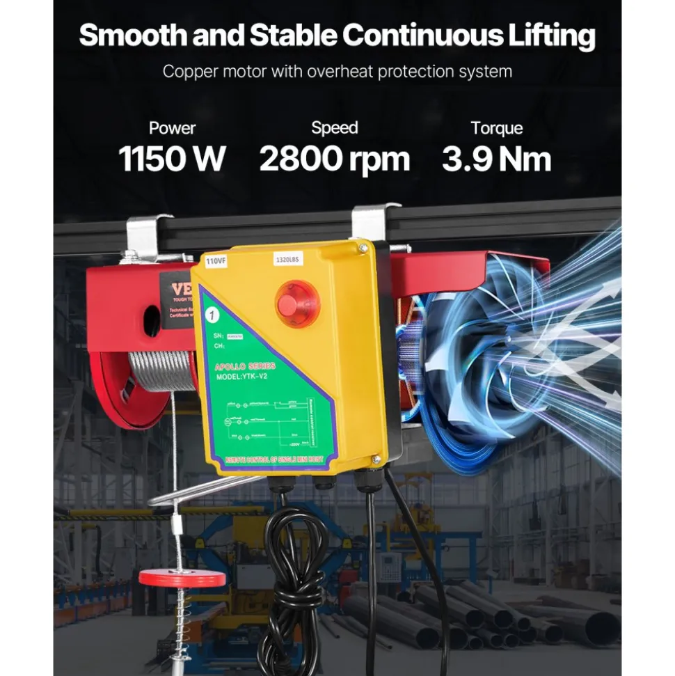 VEVOR Electric Hoist, 1320 lbs Lifting Capacity, 1150W 110V Electric Steel Wire Winch with Wireless Remote Control, 40ft Single Cable Lifting Height & High-quality Motor, for Garage Warehouse Factory
