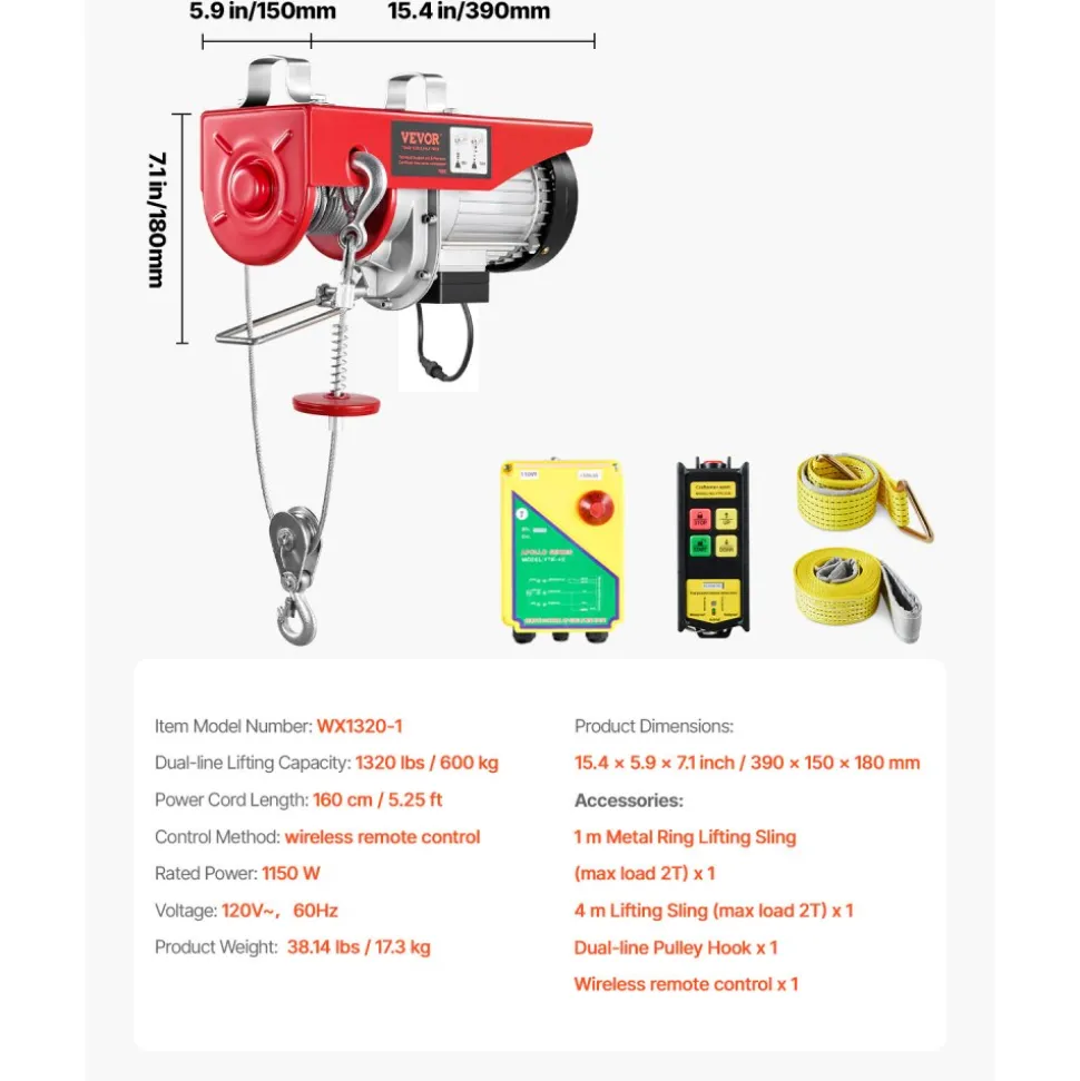 VEVOR Electric Hoist, 1320 lbs Lifting Capacity, 1150W 110V Electric Steel Wire Winch with Wireless Remote Control, 40ft Single Cable Lifting Height & High-quality Motor, for Garage Warehouse Factory