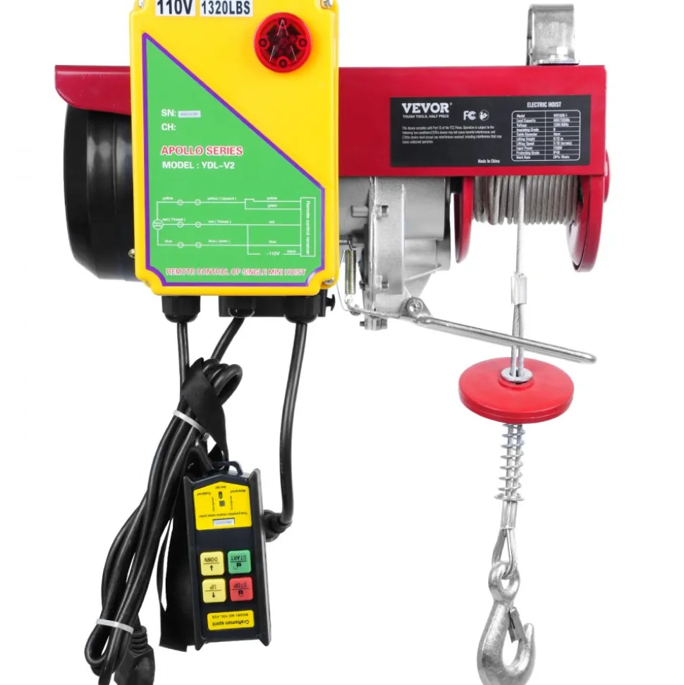 VEVOR Electric Hoist, 1320 lbs Lifting Capacity, 1150W 110V Electric Steel Wire Winch with Wireless Remote Control, 40ft Single Cable Lifting Height & High-quality Motor, for Garage Warehouse Factory