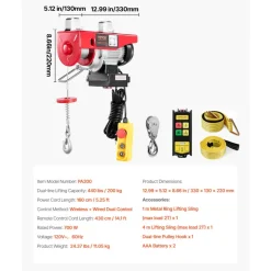 VEVOR Electric Hoist, 440 lbs 120V Electric Winch with 328 ft Wireless & 14 ft Wired Remote Control, 40 ft Single Cable Lifting Height, Single/Double Slings, Lift Hoist for Garage Warehouse Factory
