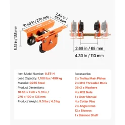 VEVOR Electric Hoist Manual Trolley, 1100 lbs/0.5 Ton Load for PA200 PA250 PA300 PA400 PA500, Push Beam Trolley with Dual Wheels, 2.68