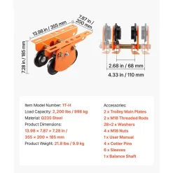 VEVOR Electric Hoist Manual Trolley, 2200 lbs/1 Ton Load for PA600 PA700 PA800 PA900 PA1000, Push Beam Trolley with Dual Wheels, 2.68