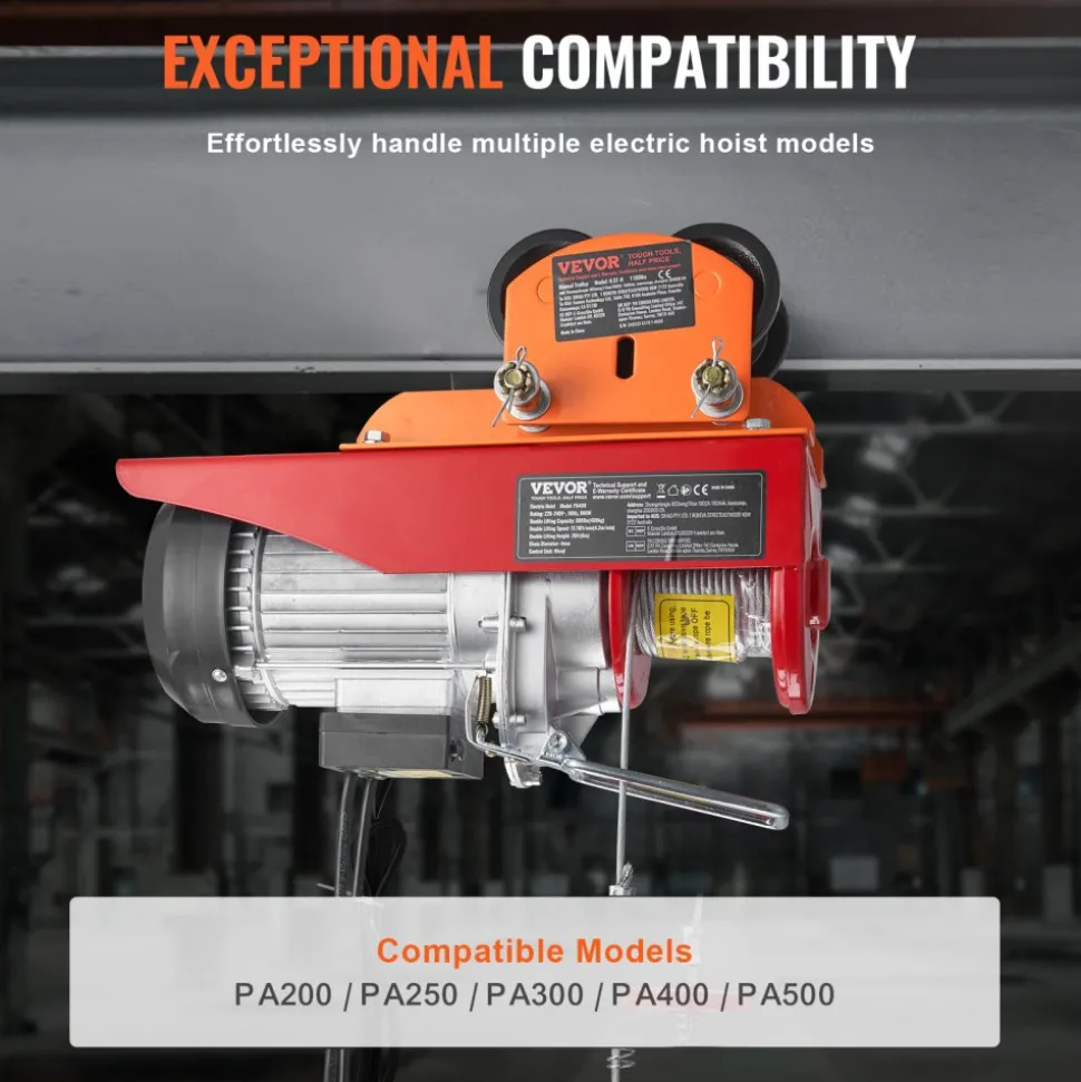 VEVOR Electric Hoist Manual Trolley, 1100 lbs/0.5 Ton Capacity for PA200 PA250 PA300 PA400 PA500, Push Beam Trolley with Dual Wheels, 2.36"-4.72" Adjustable Flange Width for Straight Curved I Beam