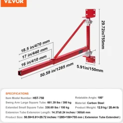 VEVOR Electric Hoist Support Arm, 660 lbs Max Load Capacity, Electric Hoist Holder Swing Arm with Pole, Steel Hoist Frame, 180° Swivel Scaffold Hoist Lifting Arm, Winch Hoist Arm for Workshop, Garage