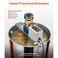 VEVOR Electric Honey Extractor, 6 Frame Honey Spinner with Transparent Lid, 140W Stainless Steel Honeycomb Drum Spinner, Height Adjustable, Honeycomb Extraction Equipment for Beekeeping