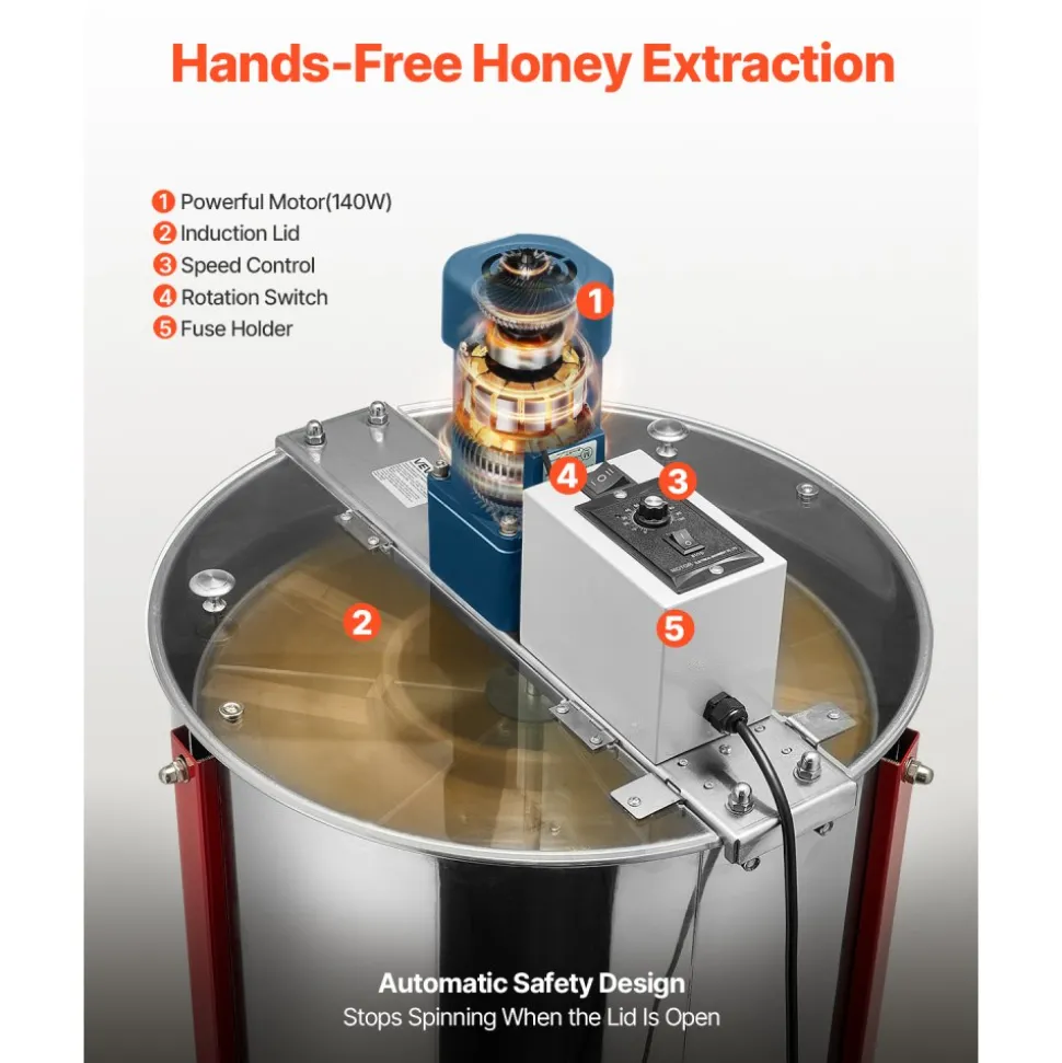 VEVOR Electric Honey Extractor, 6 Frame Honey Spinner with Transparent Lid, 140W Stainless Steel Honeycomb Drum Spinner, Height Adjustable, Honeycomb Extraction Equipment for Beekeeping