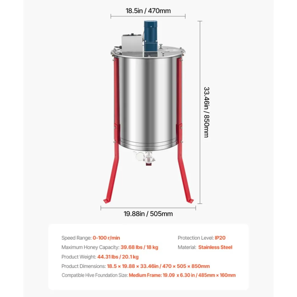 VEVOR Electric Honey Extractor, 6 Frame Honey Spinner with Transparent Lid, 140W Stainless Steel Honeycomb Drum Spinner, Height Adjustable, Honeycomb Extraction Equipment for Beekeeping