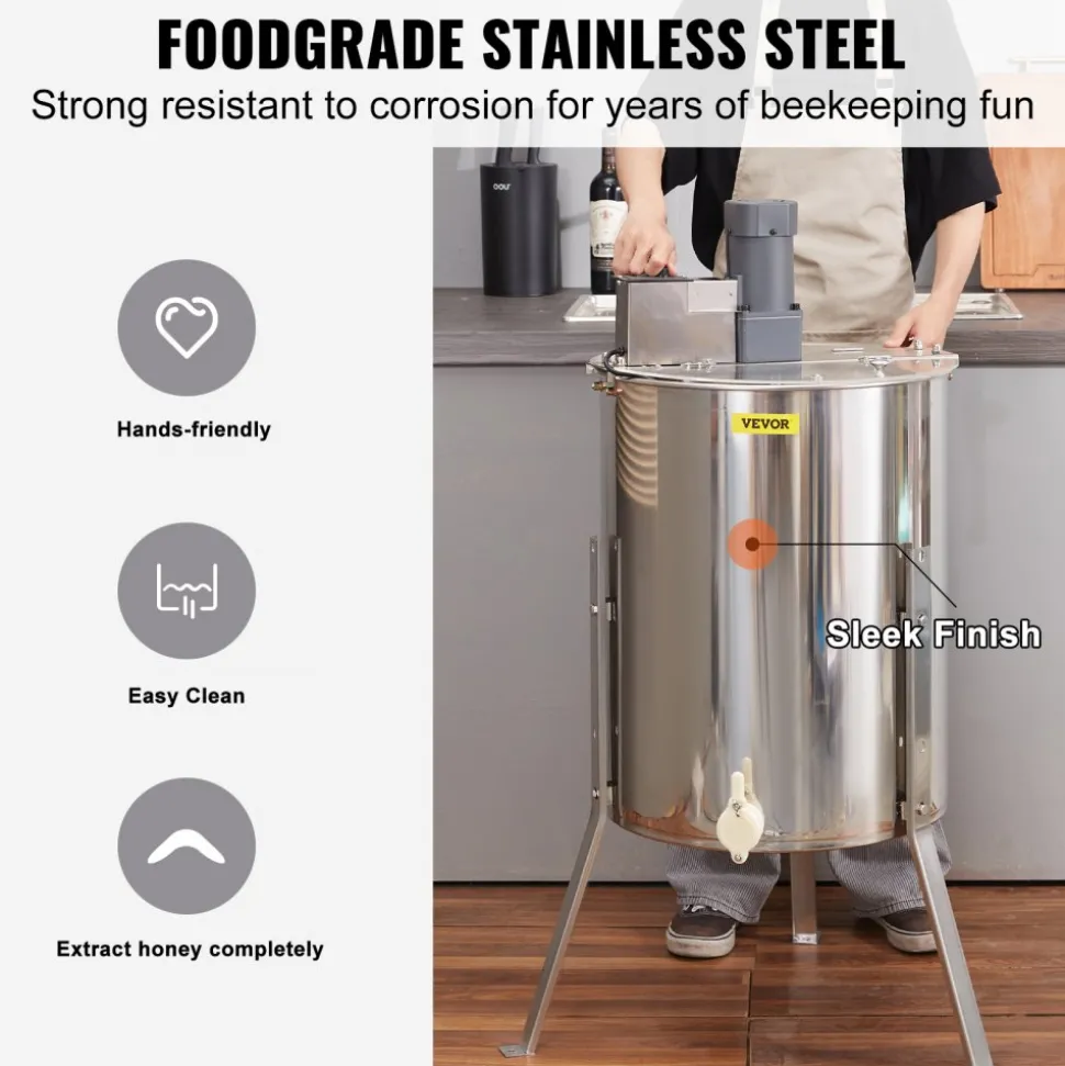 VEVOR Electric Honey Extractor, 4/8 Frames Honey Spinner Extractor, Stainless Steel Beekeeping Extraction, Apiary Centrifuge Equipment with Height Adjustable Stand, Honeycomb Drum Spinner with Lid