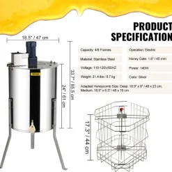 VEVOR Electric Honey Extractor, 4/8 Frames Honey Spinner Extractor, Stainless Steel Beekeeping Extraction, Apiary Centrifuge Equipment with Height Adjustable Stand, Honeycomb Drum Spinner with Lid