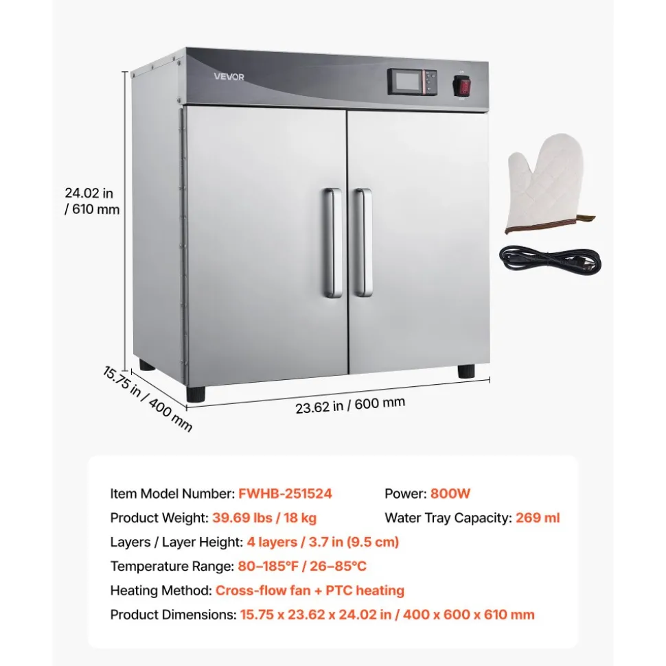VEVOR Electric Hot Box Food Warmer, 4-Tier Commercial Warming Cabinet with Water Tray, Single-Door and Adjustable Shelves, Stainless Steel Food Warmer Cabinet, for Restaurant, Kitchen, Pizza, Chicken