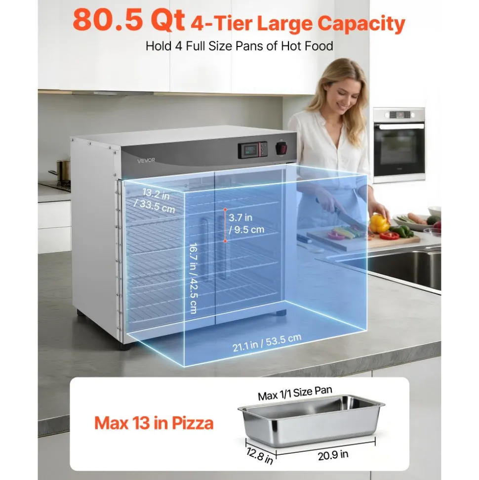 VEVOR Electric Hot Box Food Warmer, 4-Tier Commercial Warming Cabinet with Water Tray, Single-Door and Adjustable Shelves, Stainless Steel Food Warmer Cabinet, for Restaurant, Kitchen, Pizza, Chicken